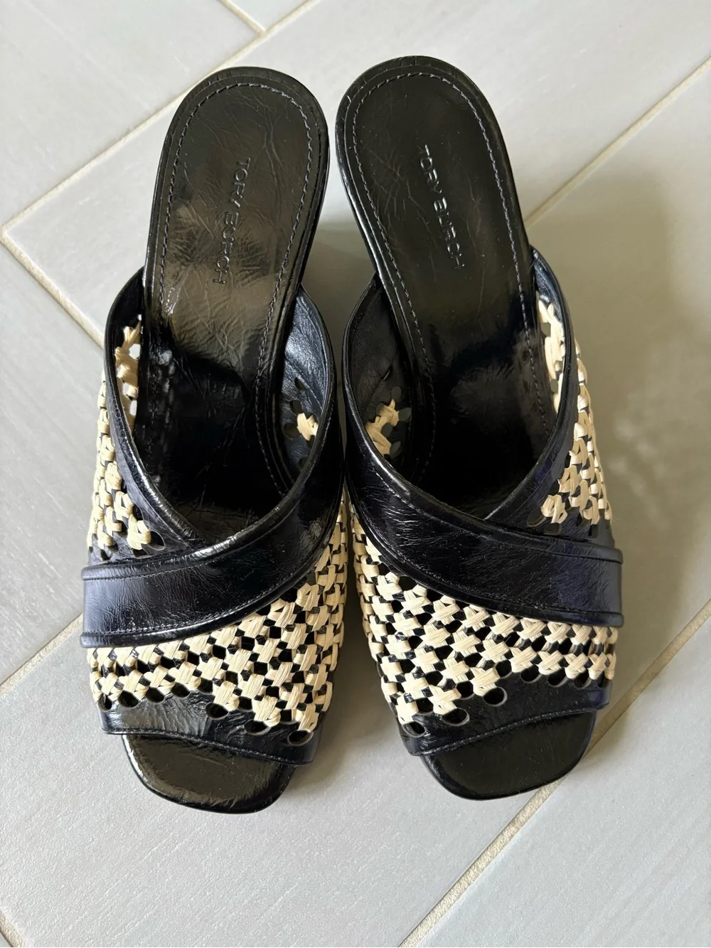 Tory Burch Black and Cream Woven Slide Sandals